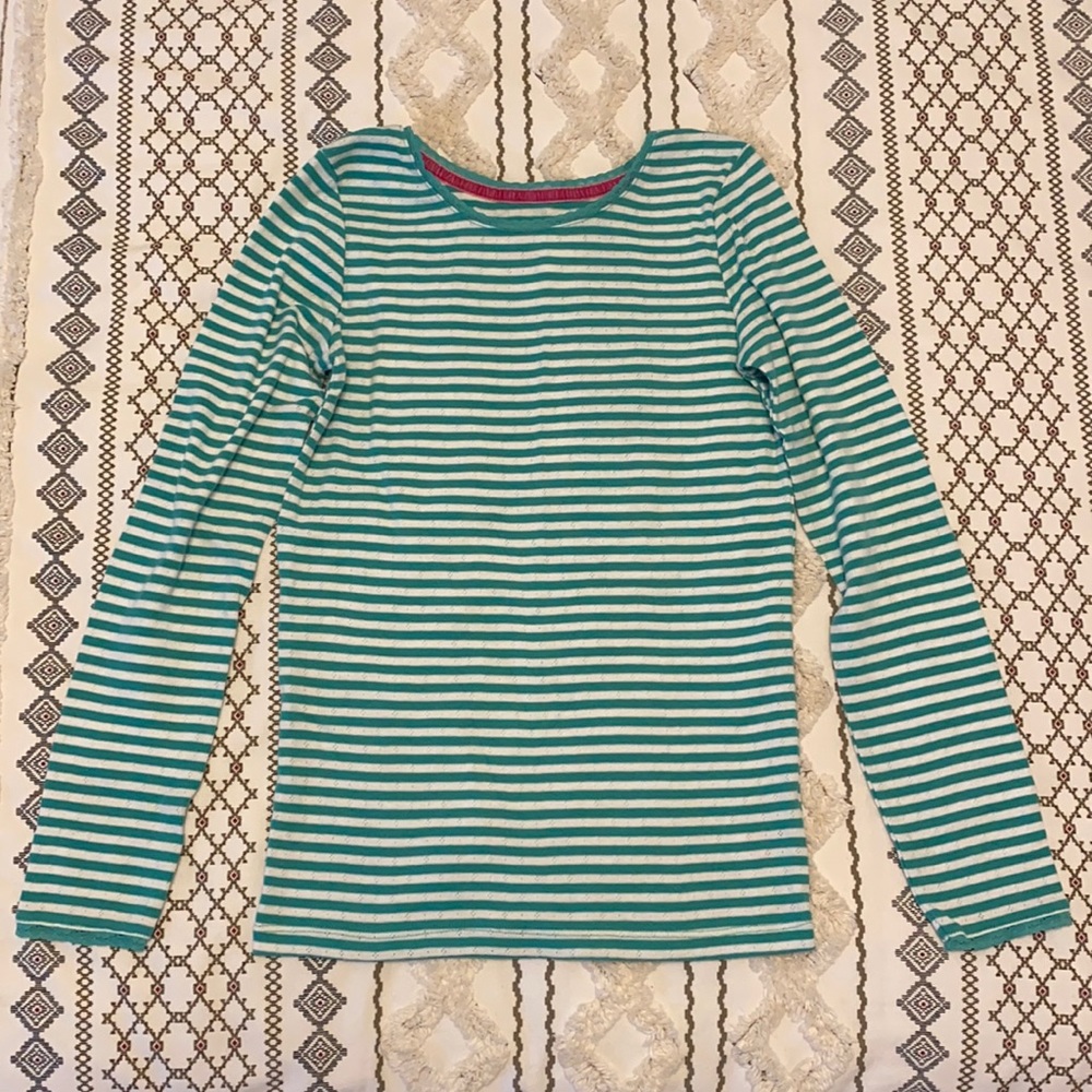 Boden kids green & white striped pointelle cotton top sz 11-12